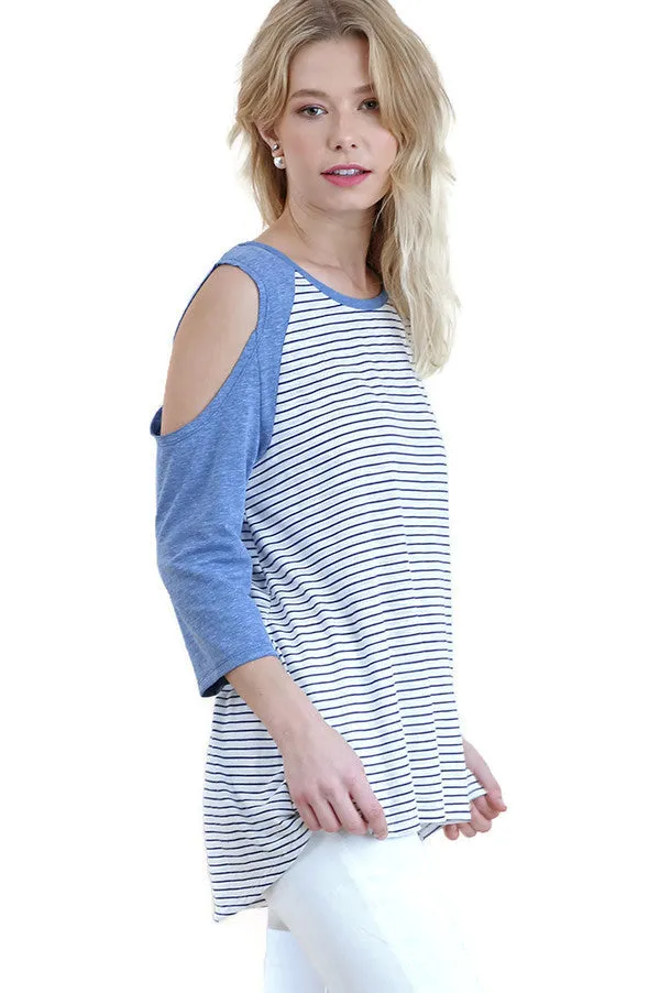 Open Shoulder Striped Raglan Top, Blue