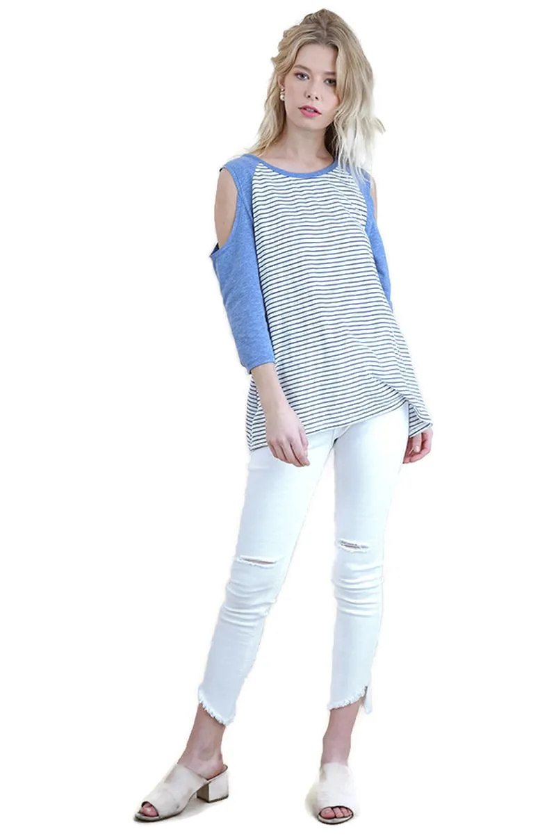 Open Shoulder Striped Raglan Top, Blue