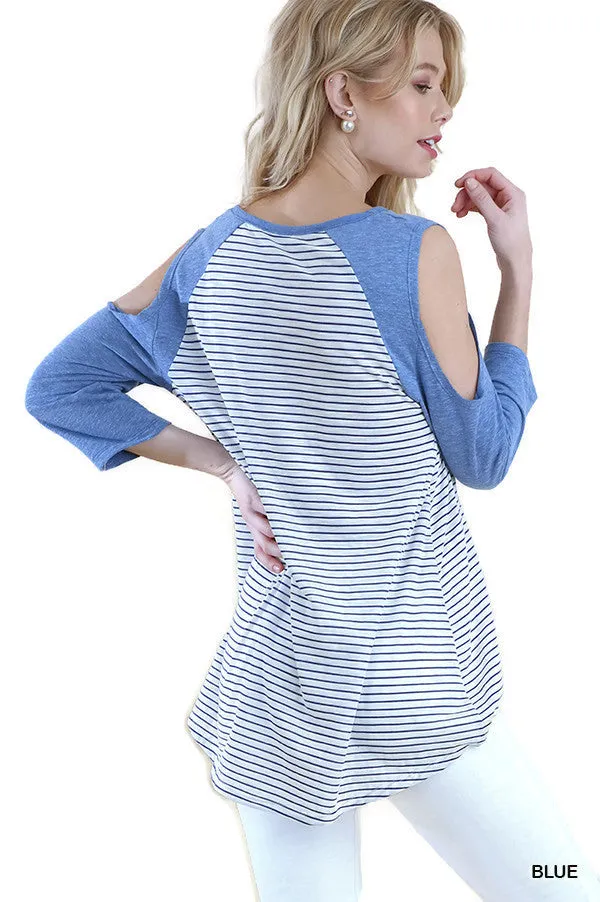 Open Shoulder Striped Raglan Top, Blue