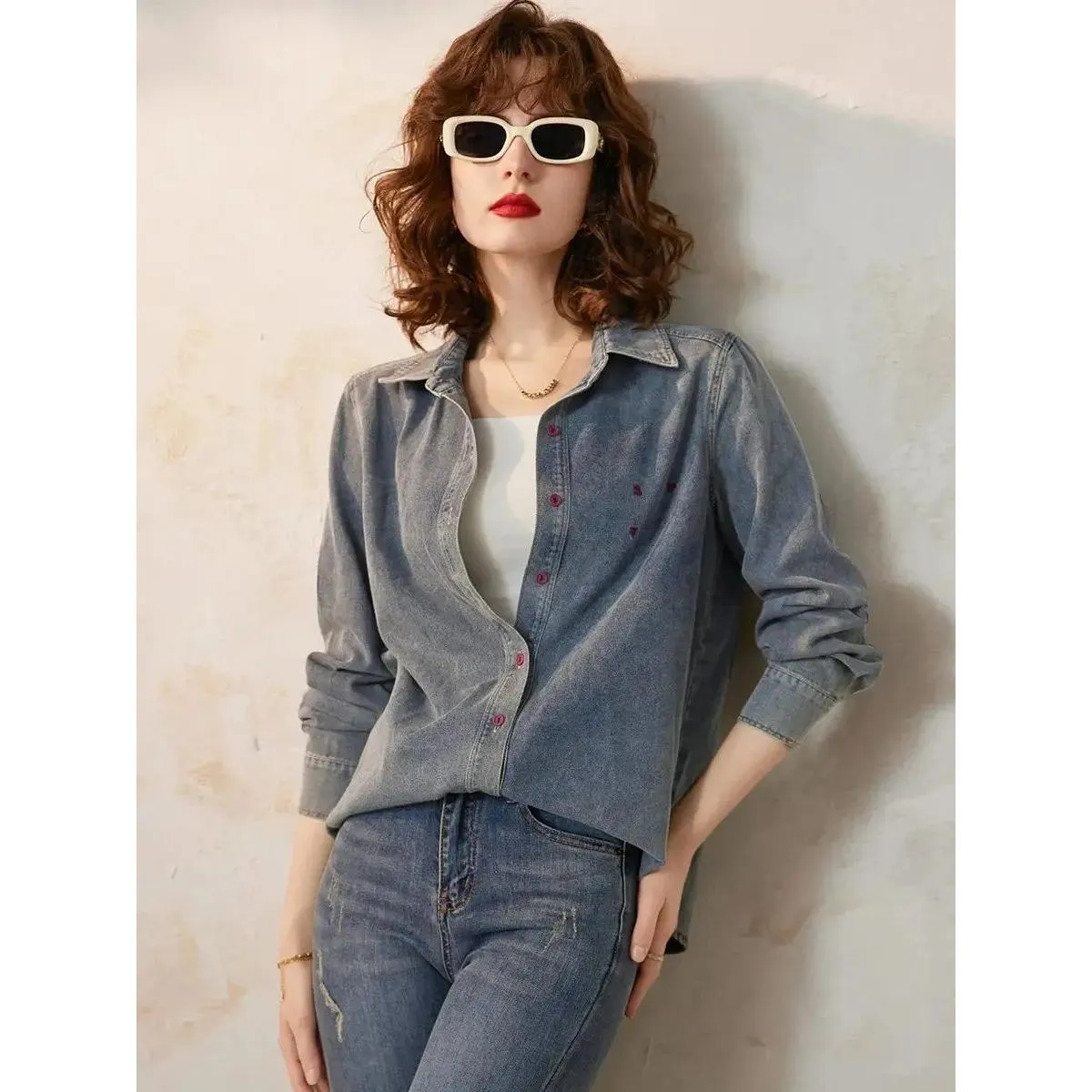Spring Casual Denim Shirt with Embroidery