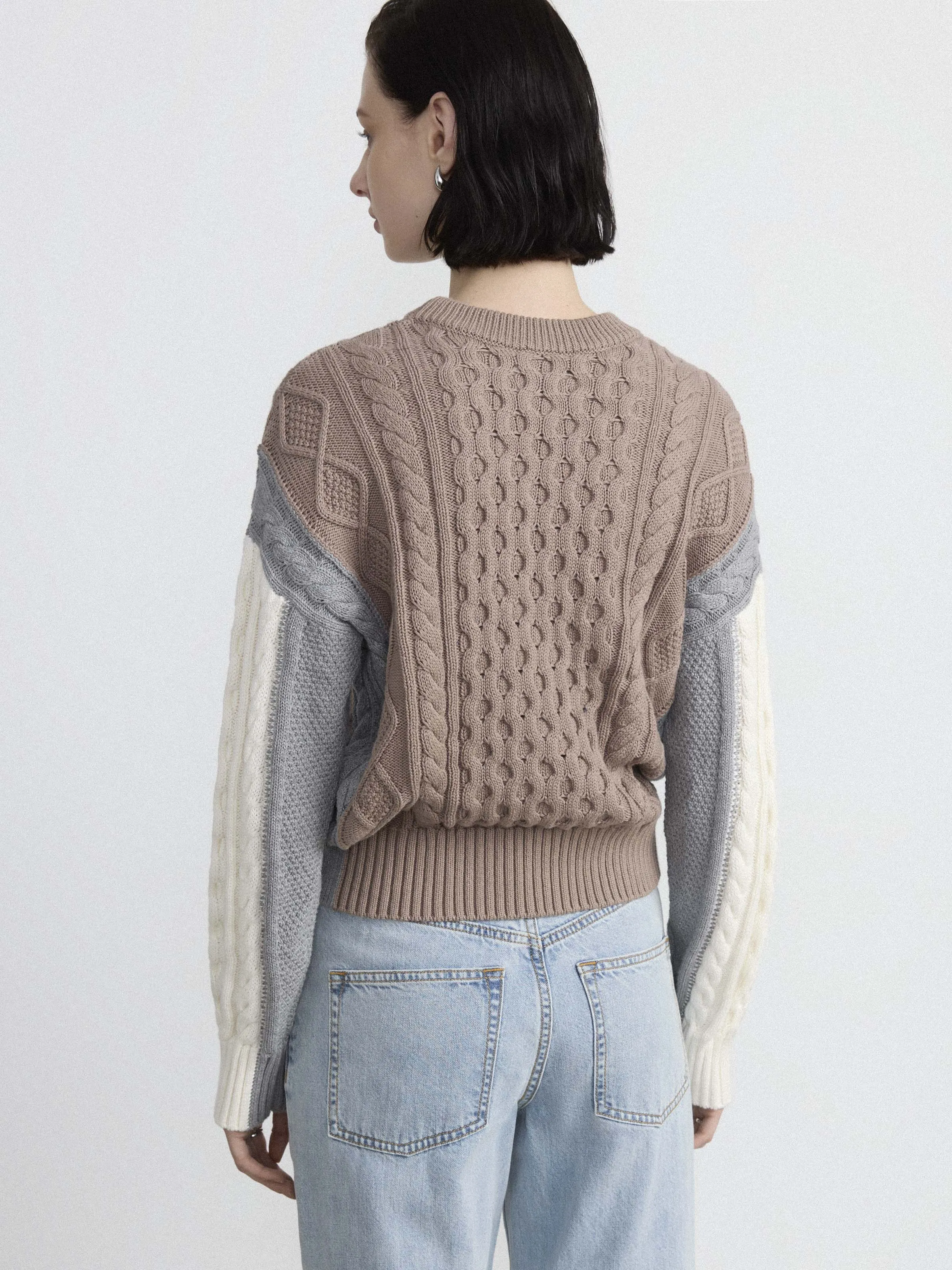 The Colour Block Cable Sweater in Taupe