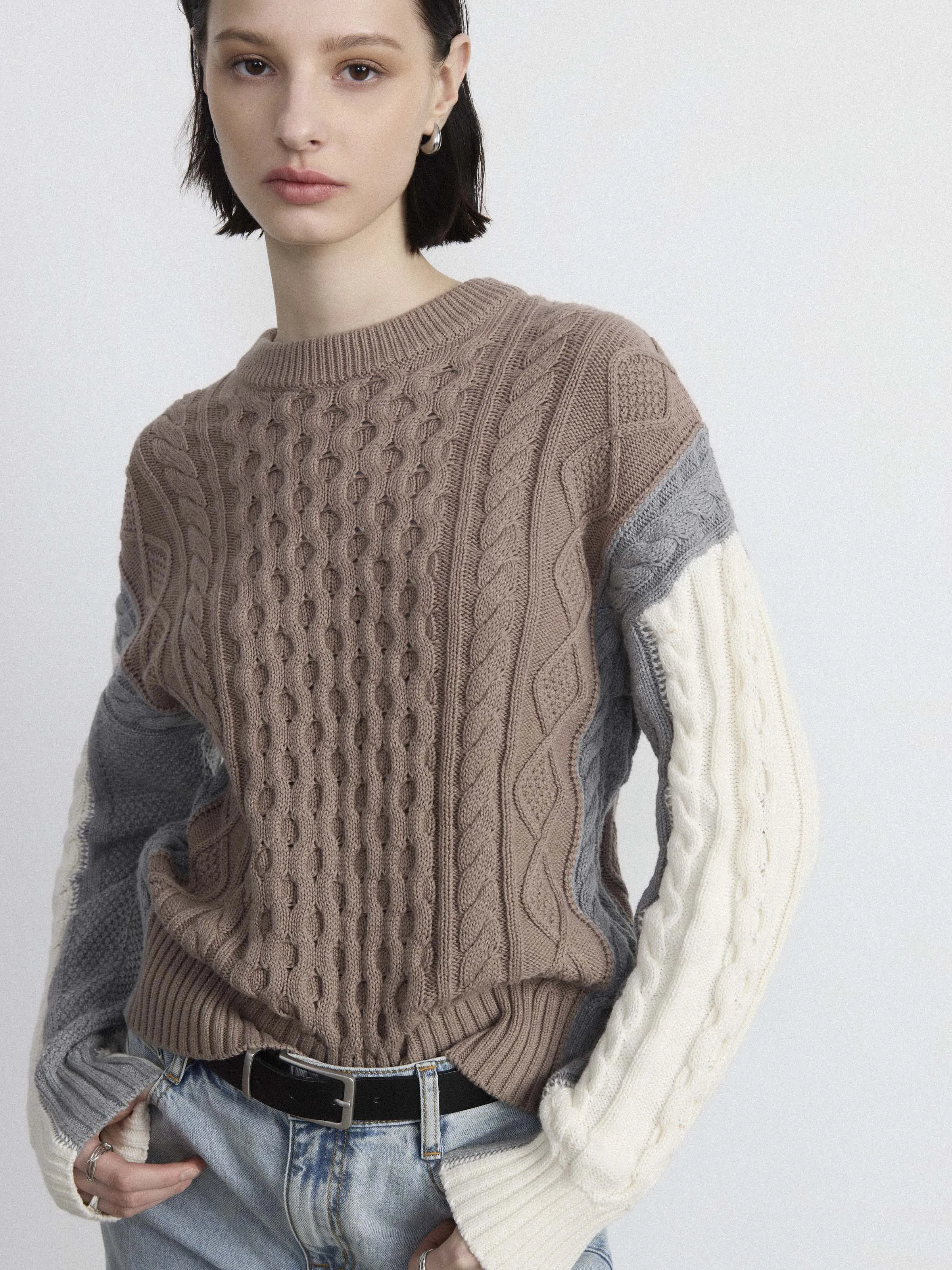 The Colour Block Cable Sweater in Taupe