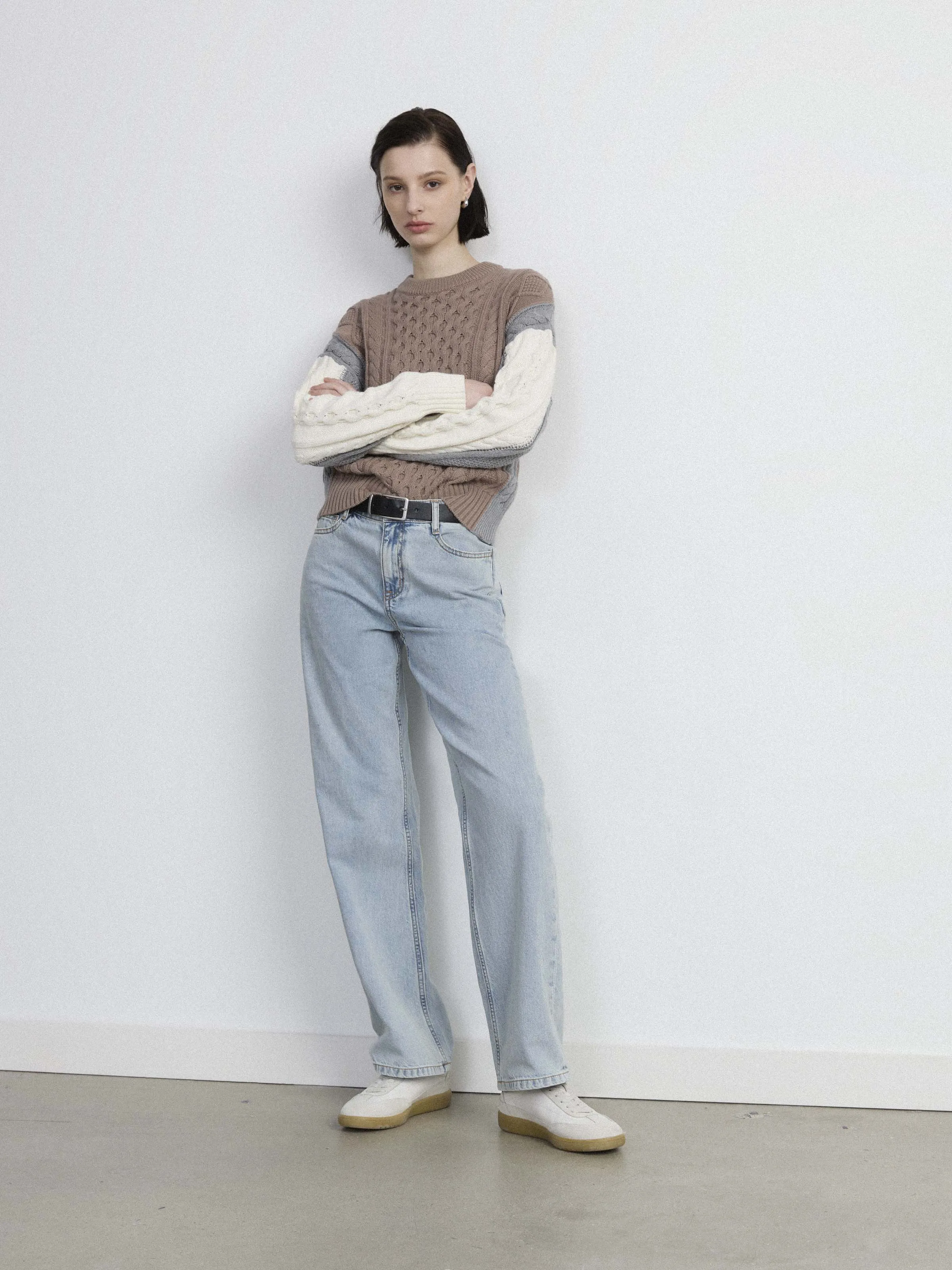 The Colour Block Cable Sweater in Taupe